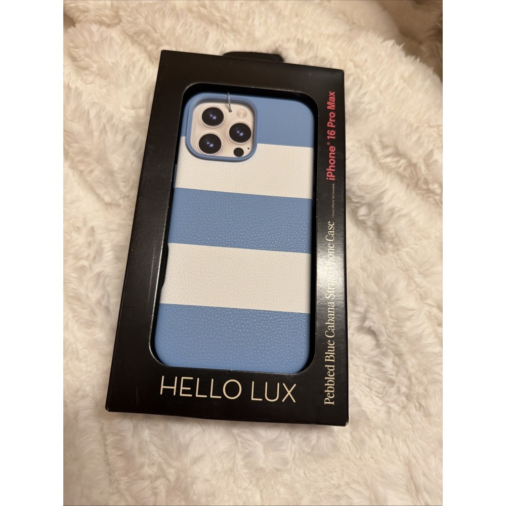 Hello Lux MagSafe Case iPhone 16 Pro Max Blue White Cabana Stripe Pebbled Case